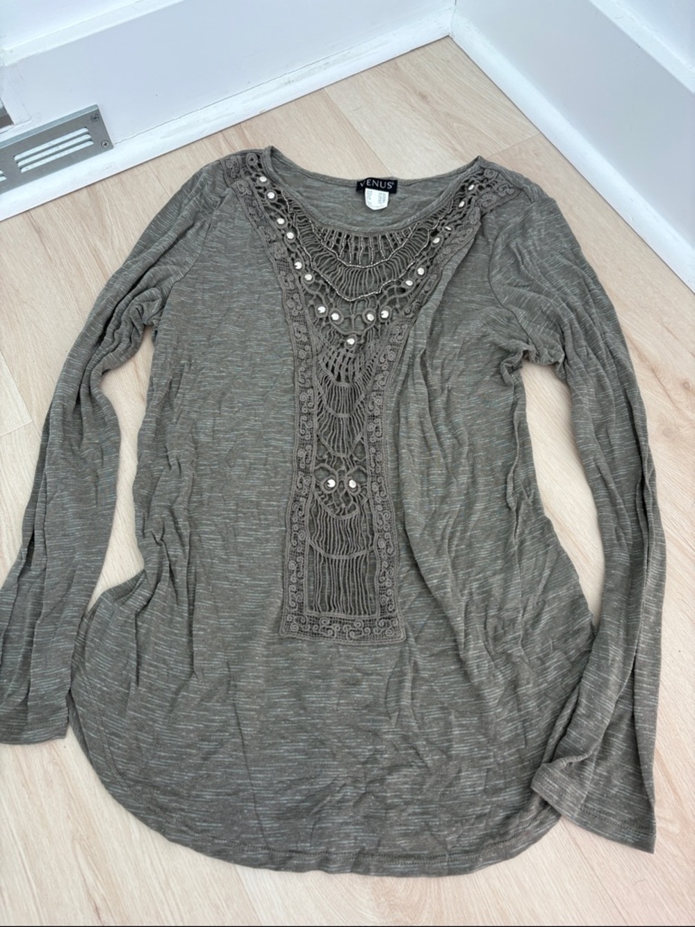 VENUS Olive Green Long Sleeve Crochet Panel Top